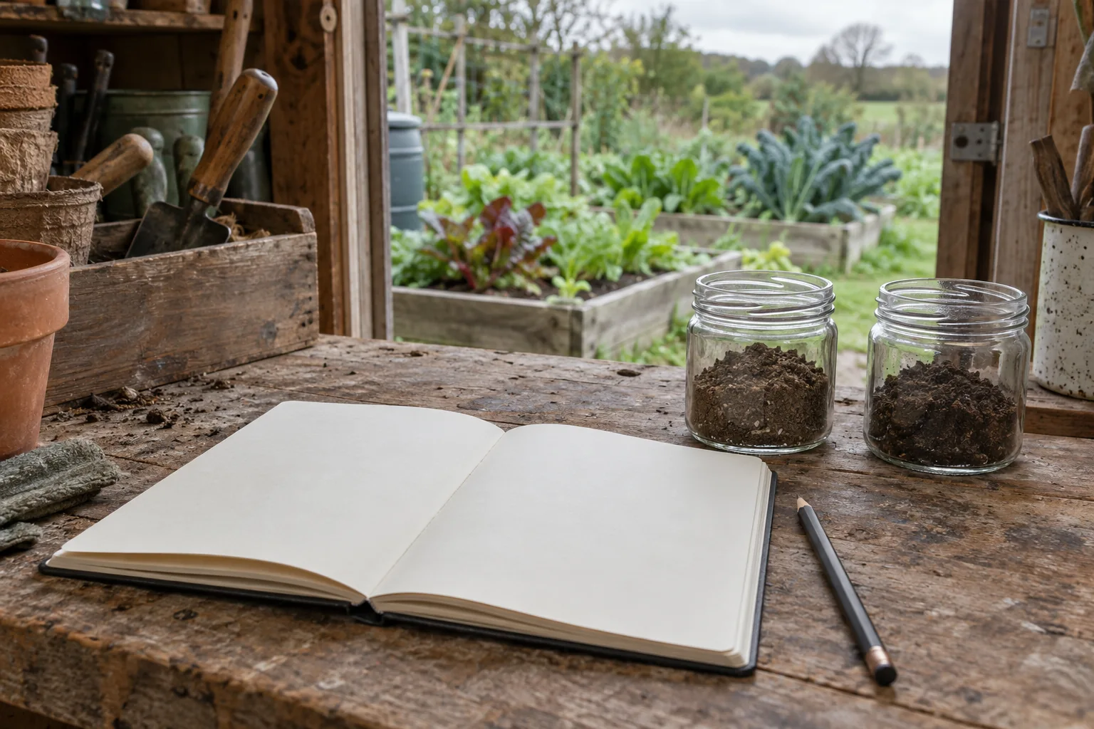 Blank notebook and pencil beside two jars of soil on a wooden potting bench