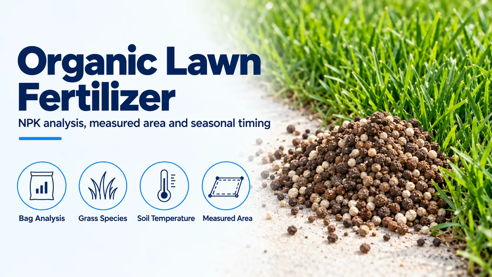 Organic fertilizer granules beside turf, with labels for bag analysis, grass species, soil temperature and measured area