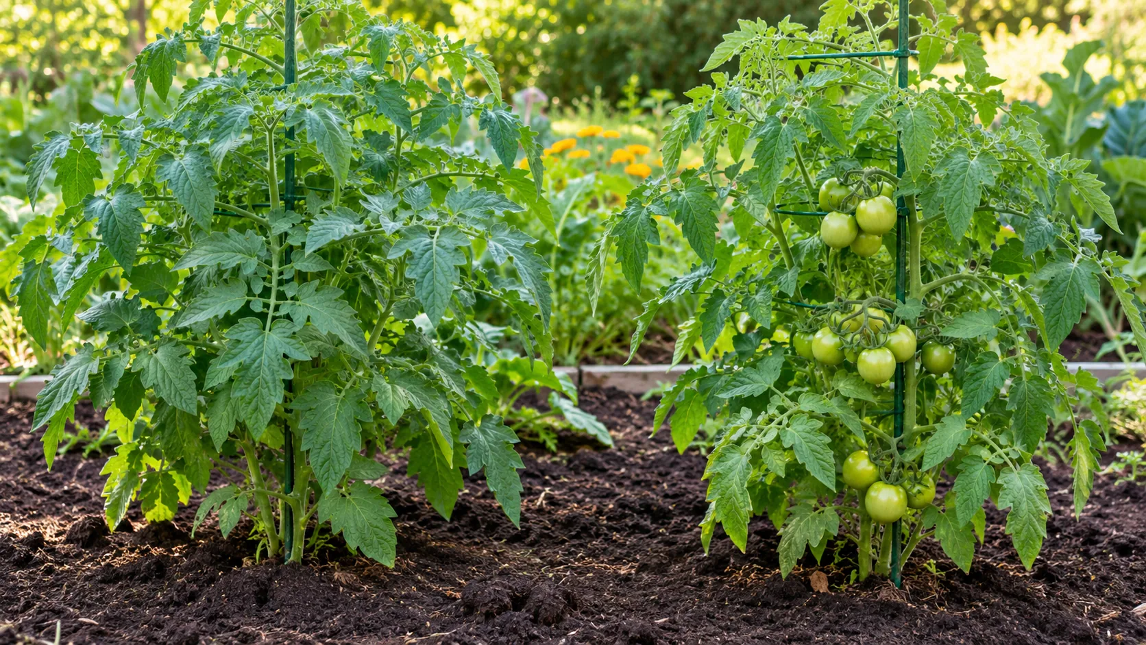 A leafy tomato plant beside a tomato plant carrying small green fruit in a garden bed