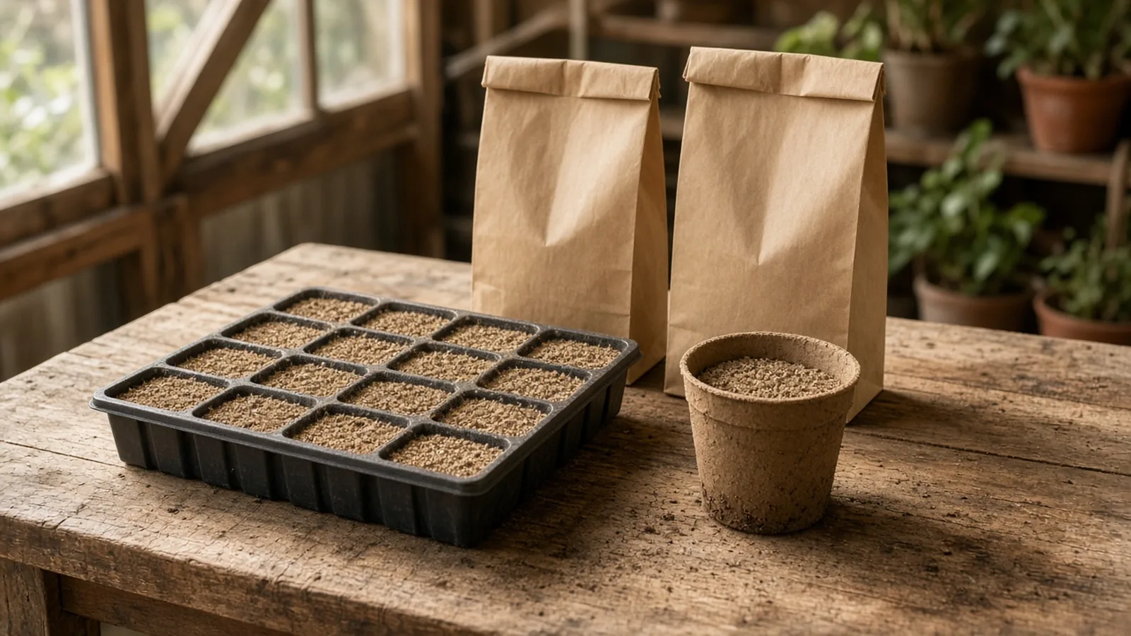 Illustration of a sowing tray and a pot of mix on a bench, with two blank bags and no brand names