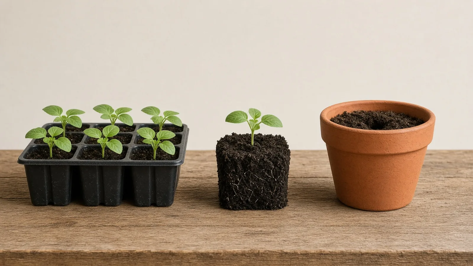 Illustration of a cell tray, a whole soil plug, and an empty pot