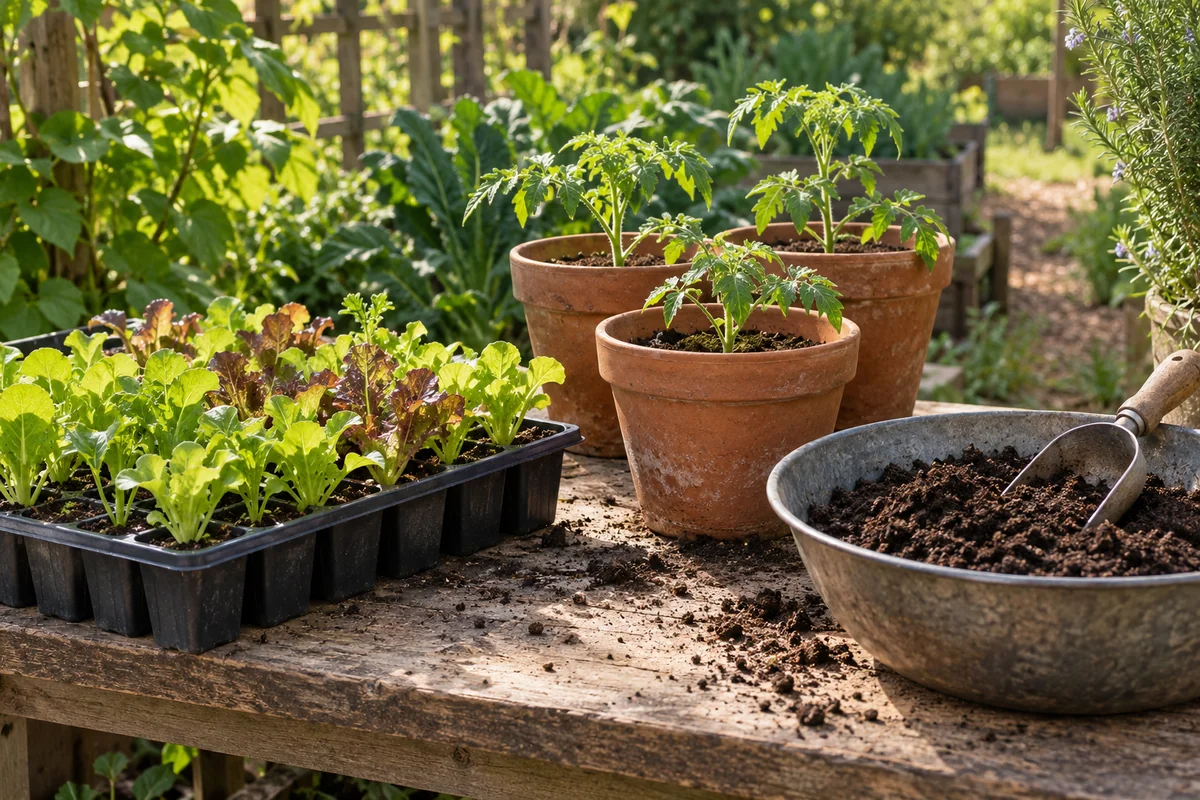 Potted tomato plants, lettuce seedlings and a metal scoop beside loose growing mix on a garden bench